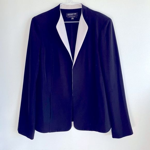 Jones New York Stretchy Crepe Open Blazer, White Lapel Detail Sz 10 - Picture 2 of 4
